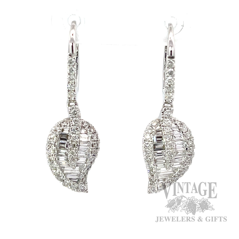 Dangle Diamond Leaf 18k White Gold Earrings Front View