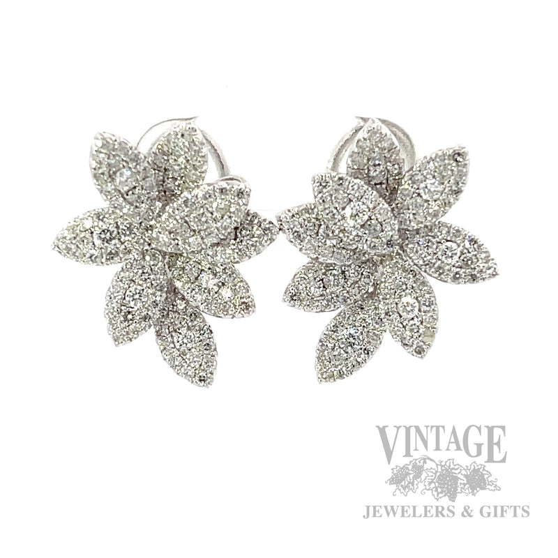 Diamond Pave Leaves 14k White Gold Earrings Front View