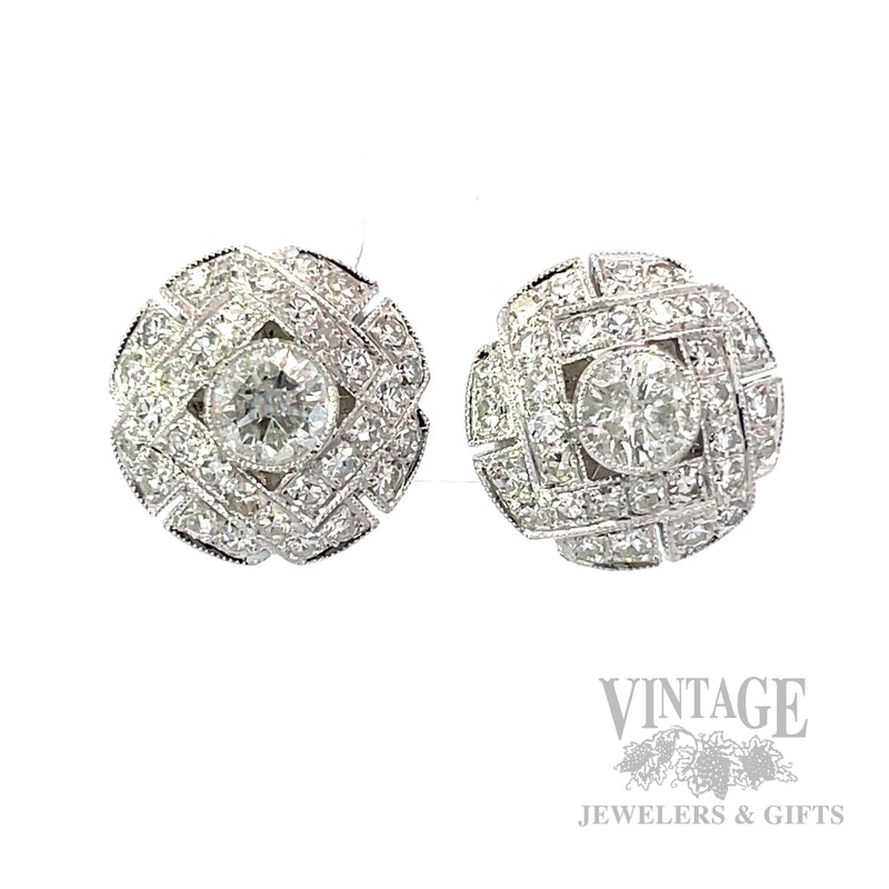 Diamond Button 17k White Gold Earrings Front View