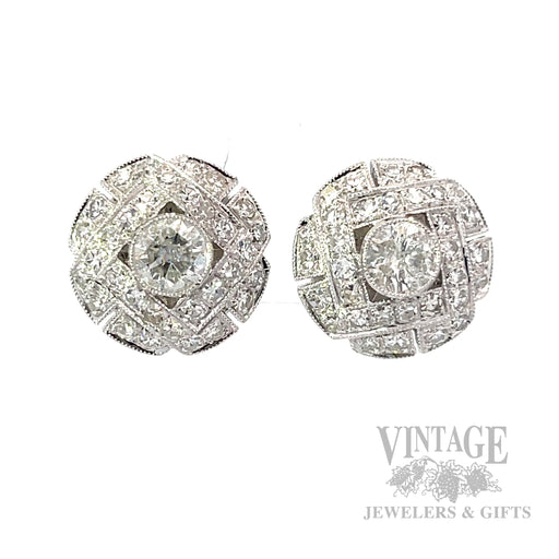 Diamond Button 17k White Gold Earrings Front View