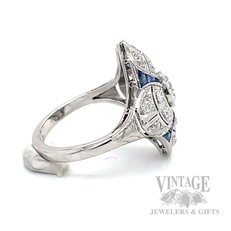 Antique Sapphire and Diamond Platinum Ring Side