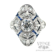 Antique Sapphire and Diamond Platinum Ring Macro
