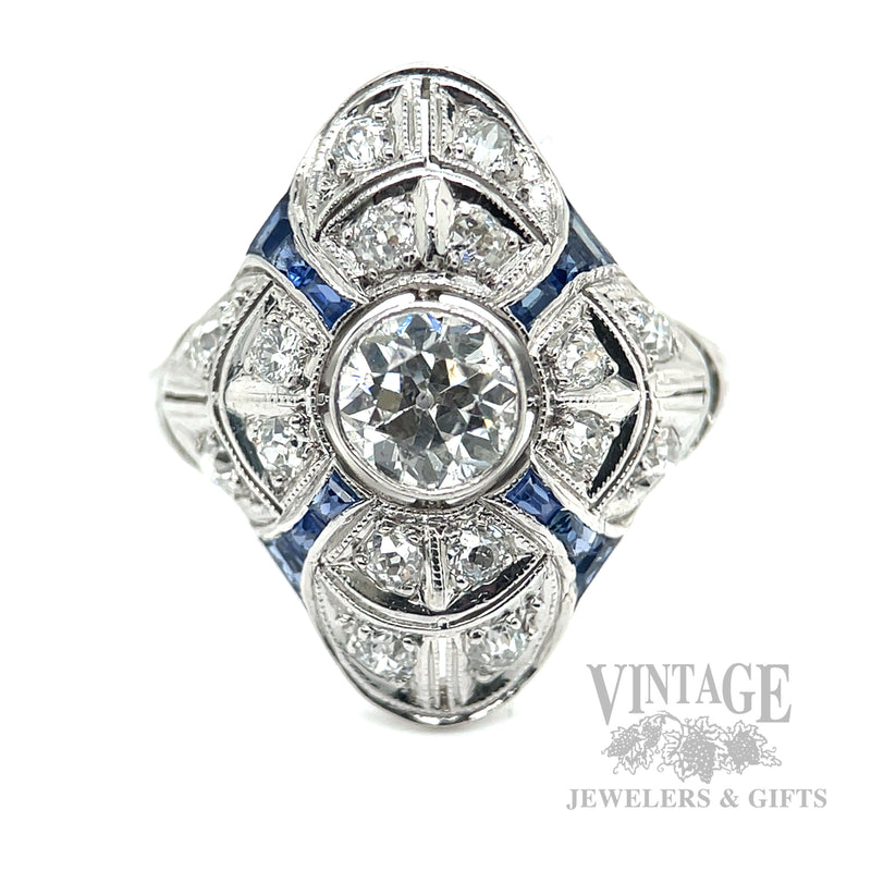 Antique Sapphire and Diamond Platinum Ring Macro