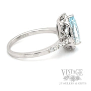 Halo Pear Cut Aquamarine and Diamond 14k White Gold Ring Side View