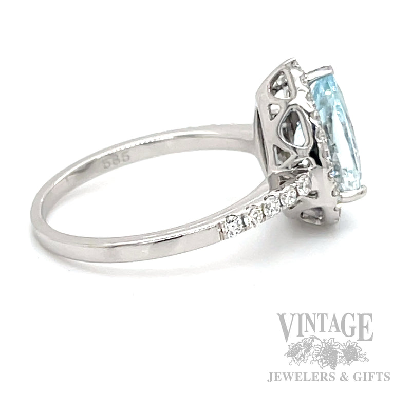 Halo Pear Cut Aquamarine and Diamond 14k White Gold Ring Side View