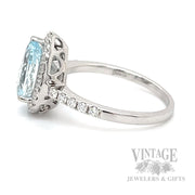 Halo Pear Cut Aquamarine and Diamond 14k White Gold Ring Side View