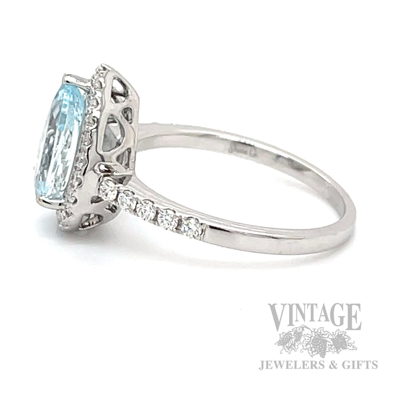 Halo Pear Cut Aquamarine and Diamond 14k White Gold Ring Side View