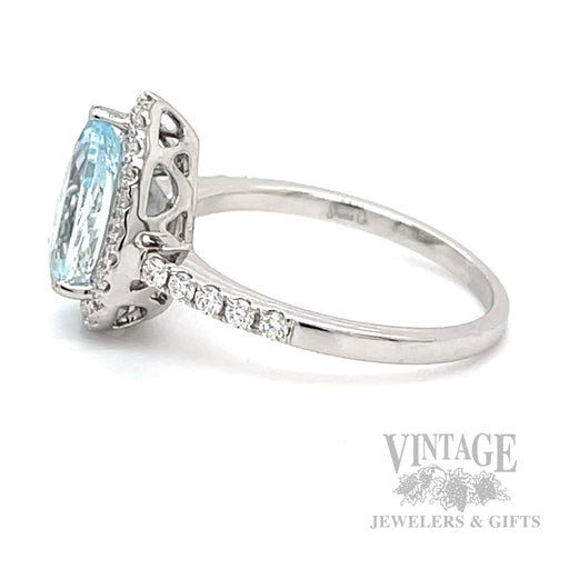 Halo Pear Cut Aquamarine and Diamond 14k White Gold Ring Side View