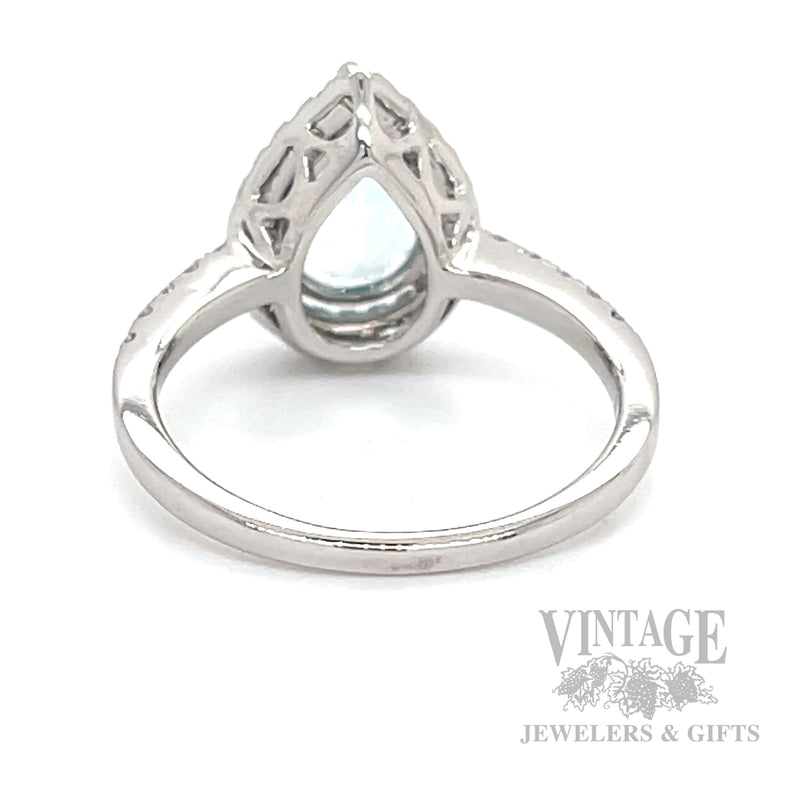 Halo Pear Cut Aquamarine and Diamond 14k White Gold Ring Back View
