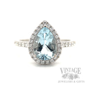 Halo Pear Cut Aquamarine and Diamond 14k White Gold Ring Front View