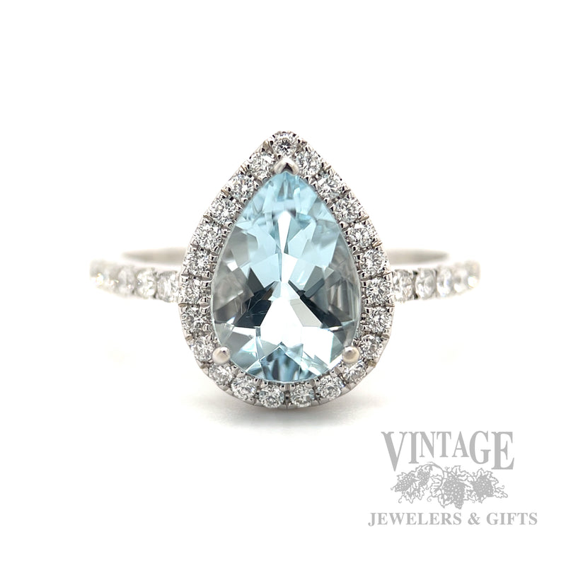 Halo Pear Cut Aquamarine and Diamond 14k White Gold Ring Front View