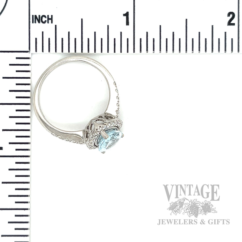Halo Pear Cut Aquamarine and Diamond 14k White Gold Ring Scale View
