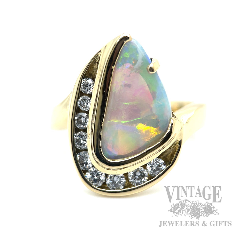 Freeform White Opal Diamond Accented 14k Gold Ring Front Detailed View