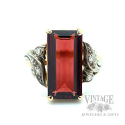 Vintage Elongated Garnet Diamond Accented 14k Gold Ring Front Detailed View