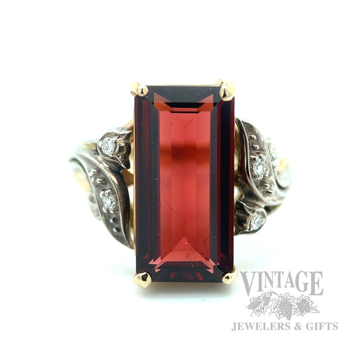 Vintage Elongated Garnet Diamond Accented 14k Gold Ring Front Detailed View