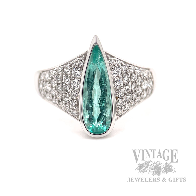 Teardrop Paraiba Pave 18k White Gold Ring Front View