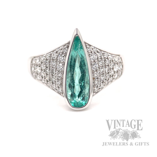 Teardrop Paraiba Pave 18k White Gold Ring Front View