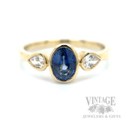 Bezeled Blue Sapphire and Diamond 14k Gold Ring Front View
