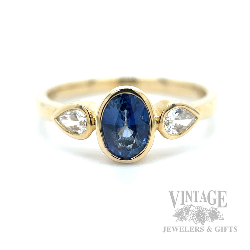 Bezeled Blue Sapphire and Diamond 14k Gold Ring Front View