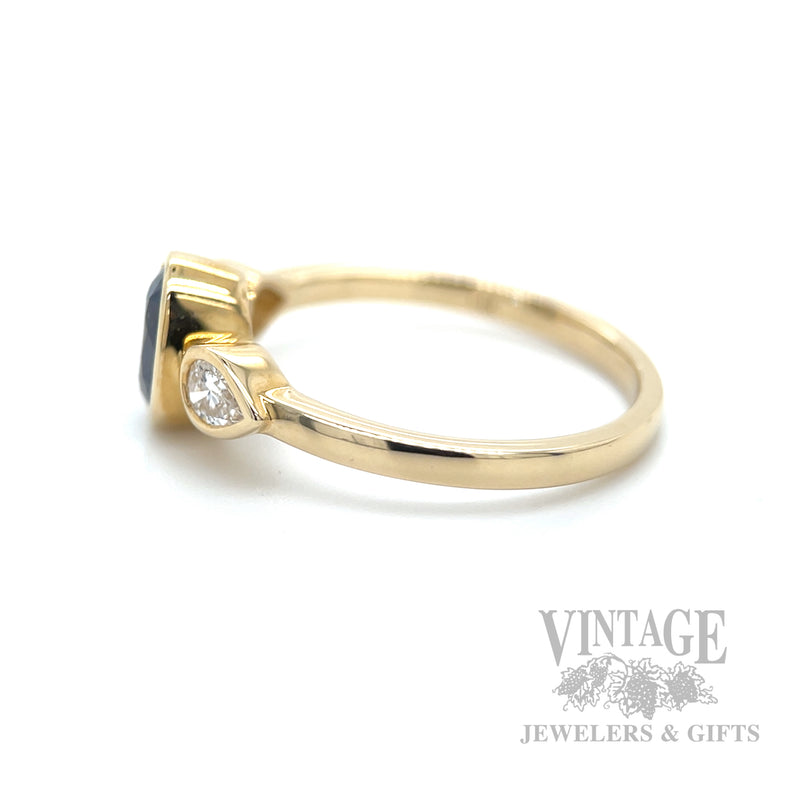 Bezeled Blue Sapphire and Diamond 14k Gold Ring Side View