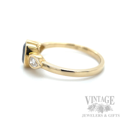 Bezeled Blue Sapphire and Diamond 14k Gold Ring Side View