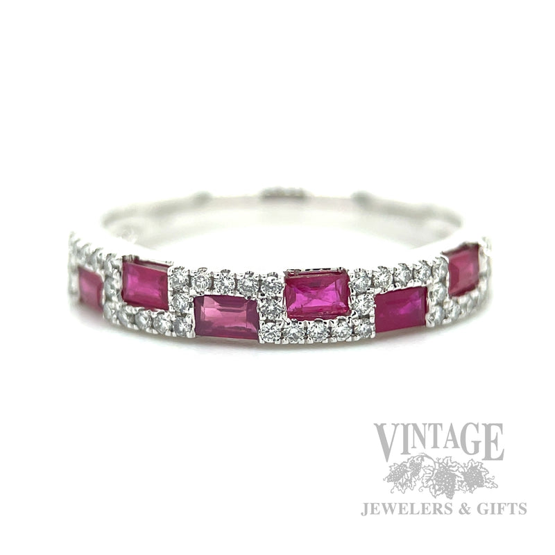 Checkerboard Ruby and Diamond 14k White Gold Ring Front View