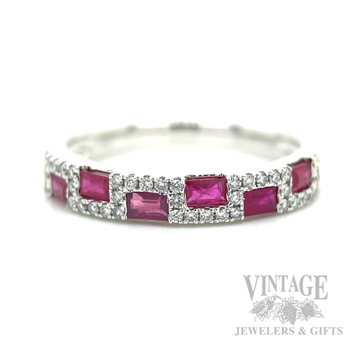 Checkerboard Ruby and Diamond 14k White Gold Ring Front View
