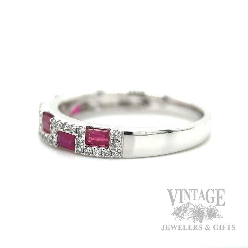 Checkerboard Ruby and Diamond 14k White Gold Ring Side View