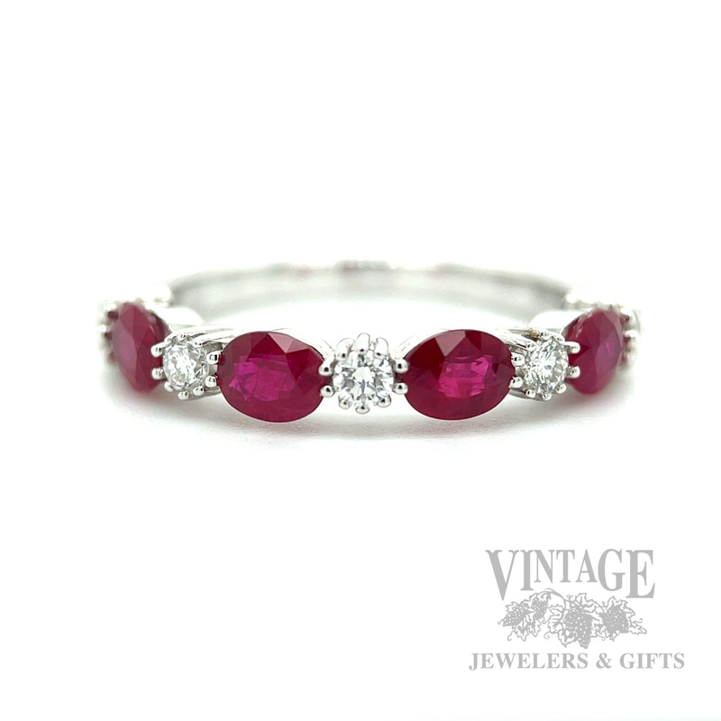 Ruby and Diamond 14k White Gold Ring Band Front View