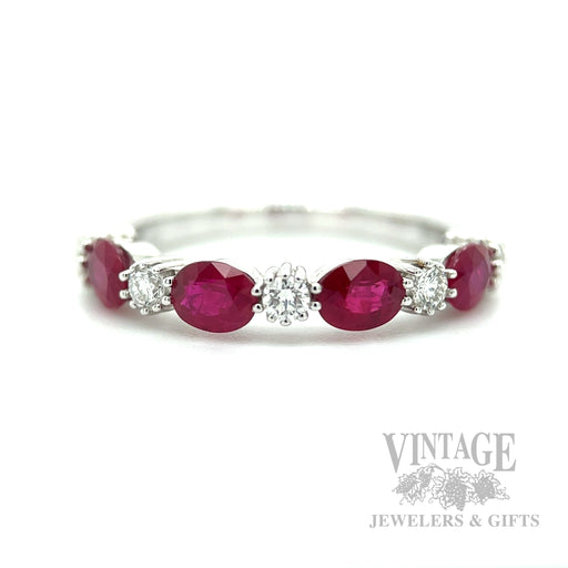 Ruby and Diamond 14k White Gold Ring Band Front View