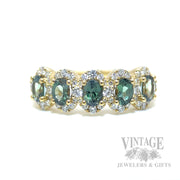 Five Stone Halo Alexandrite and Diamond 18K Gold Ring Cool Lighting Front View