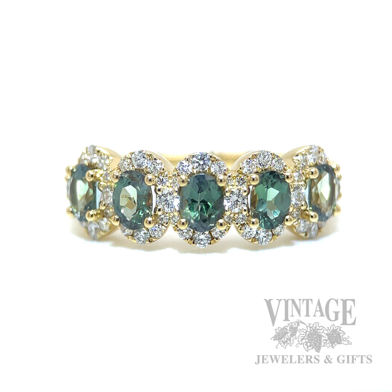 Five Stone Halo Alexandrite and Diamond 18K Gold Ring Cool Lighting Front View