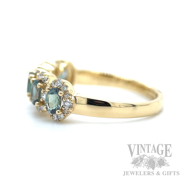 Five Stone Halo Alexandrite and Diamond 18K Gold Ring Side View