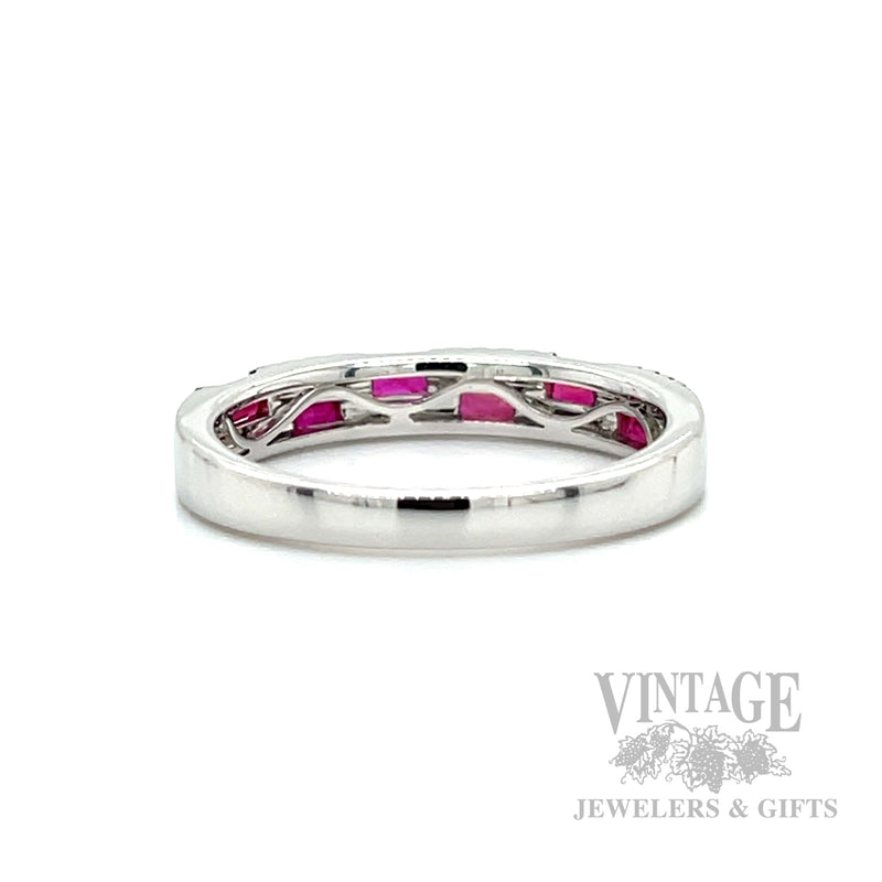 Checkerboard Ruby and Diamond 14k White Gold Ring Back/Interior View