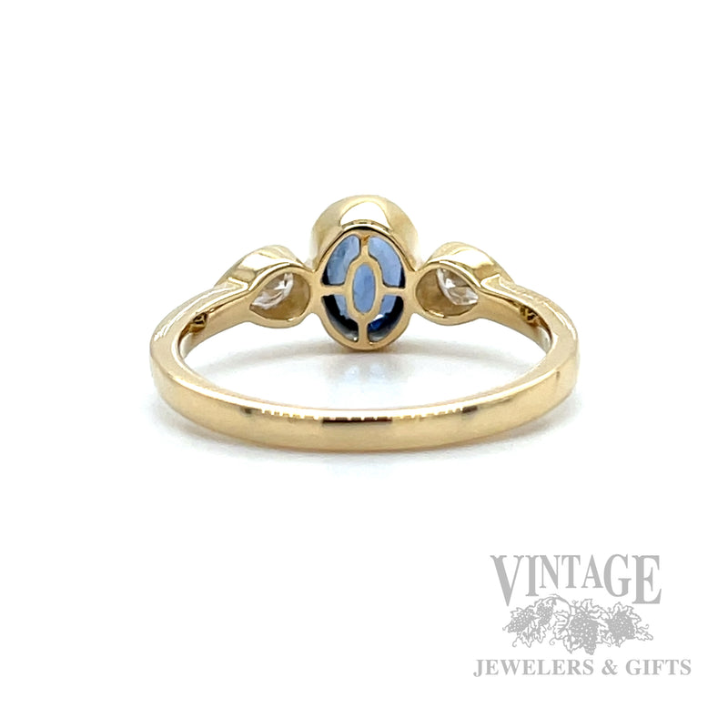 Bezeled Blue Sapphire and Diamond 14k Gold Ring Back/Interior View