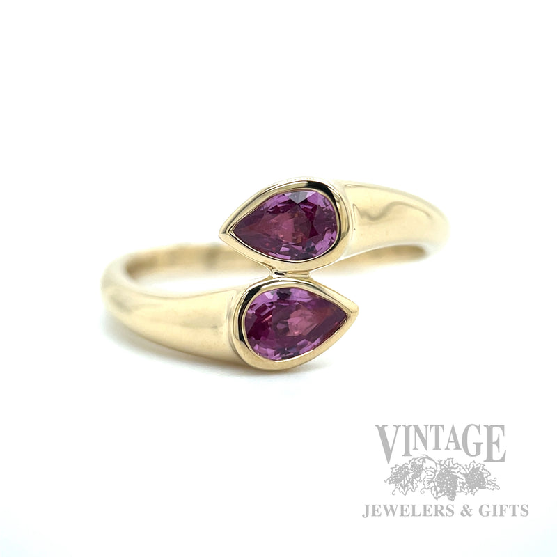Bezeled Bypass Pink Sapphire 14k Gold Ring Front View