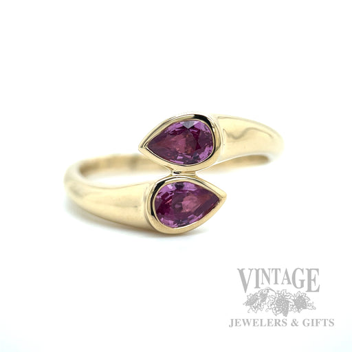 Bezeled Bypass Pink Sapphire 14k Gold Ring Front View