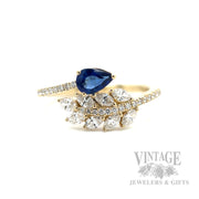 Bypass Blue Sapphire and Diamond Leaf 14k Gold Ring Front View