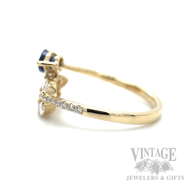 Bypass Blue Sapphire and Diamond Leaf 14k Gold Ring Side View