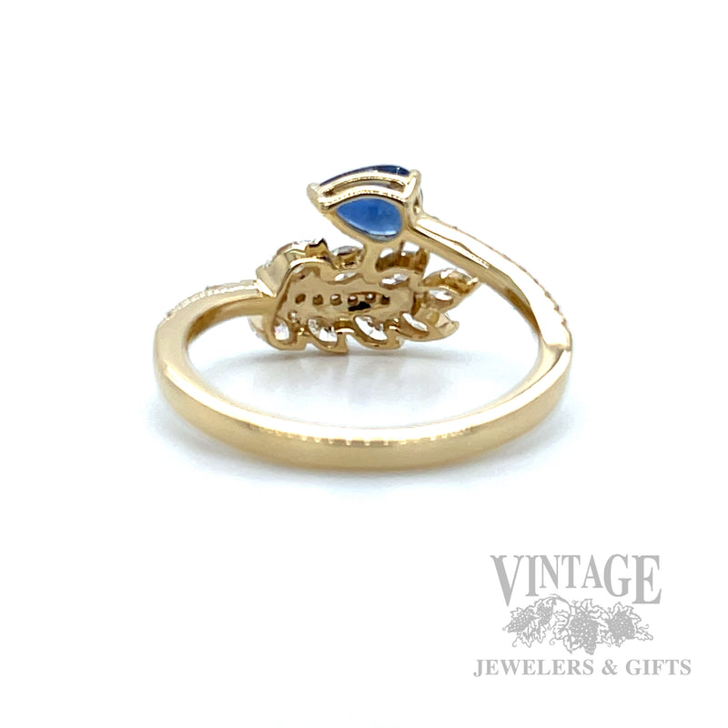 Bypass Blue Sapphire and Diamond Leaf 14k Gold Ring Back/Interior View