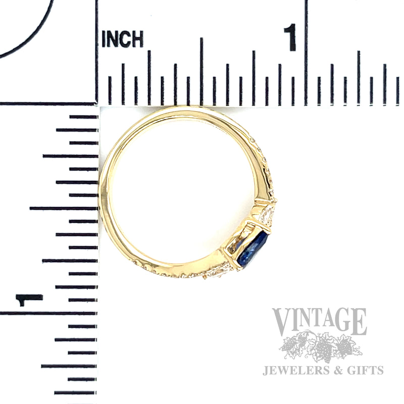 Bypass Blue Sapphire and Diamond Leaf 14k Gold Ring Scale View