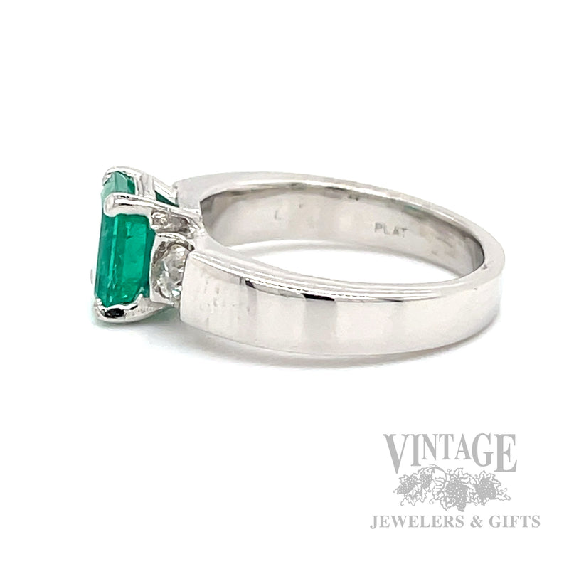 Three Stone Emerald and Diamond Platinum Ring Side View