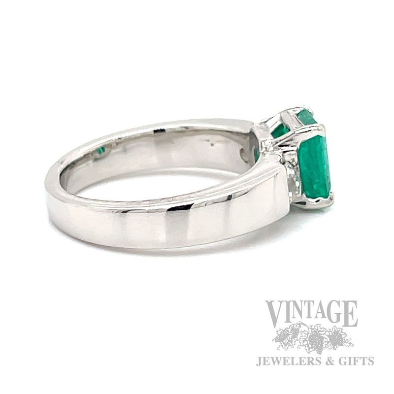 Three Stone Emerald and Diamond Platinum Ring Side View
