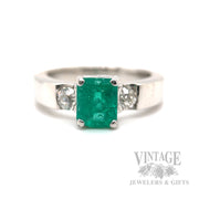 Three Stone Emerald and Diamond Platinum Ring Front Detailed View