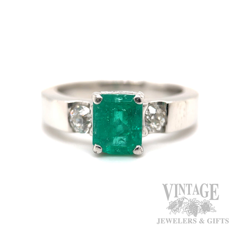 Three Stone Emerald and Diamond Platinum Ring Front Detailed View