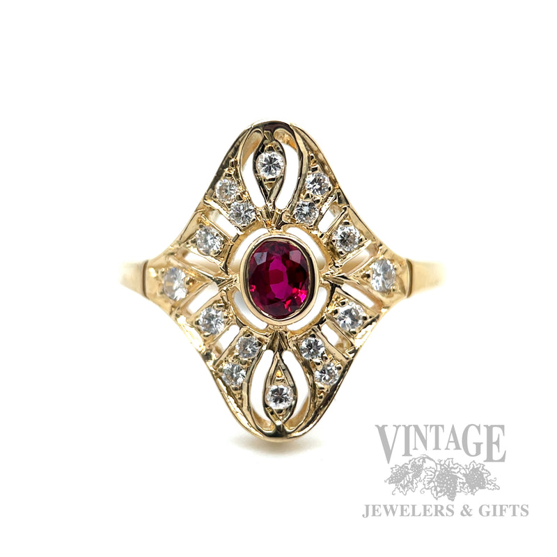 Pierced Ruby and Diamond Accentced 14k Gold Ring Front View