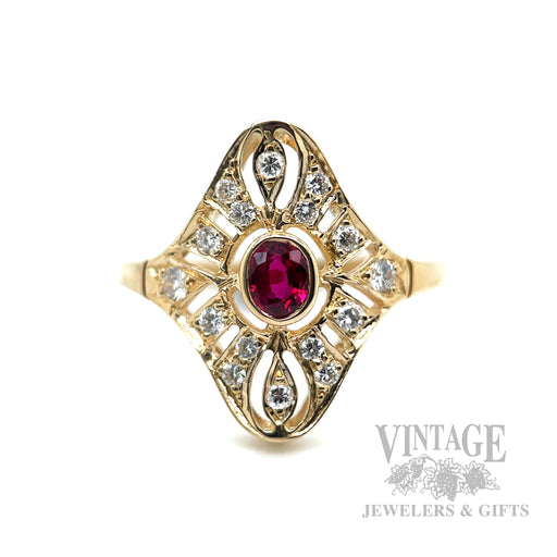 Pierced Ruby and Diamond Accentced 14k Gold Ring Front View