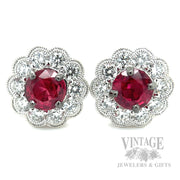 Halo Natural Ruby and Diamond Stud 14k White Gold Earrings Front View