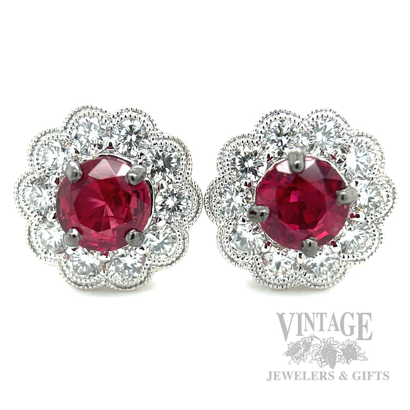 Halo Natural Ruby and Diamond Stud 14k White Gold Earrings Front View