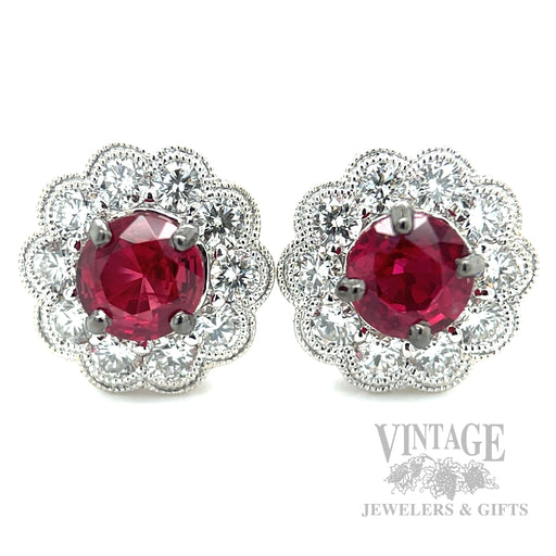 Halo Natural Ruby and Diamond Stud 14k White Gold Earrings Front View